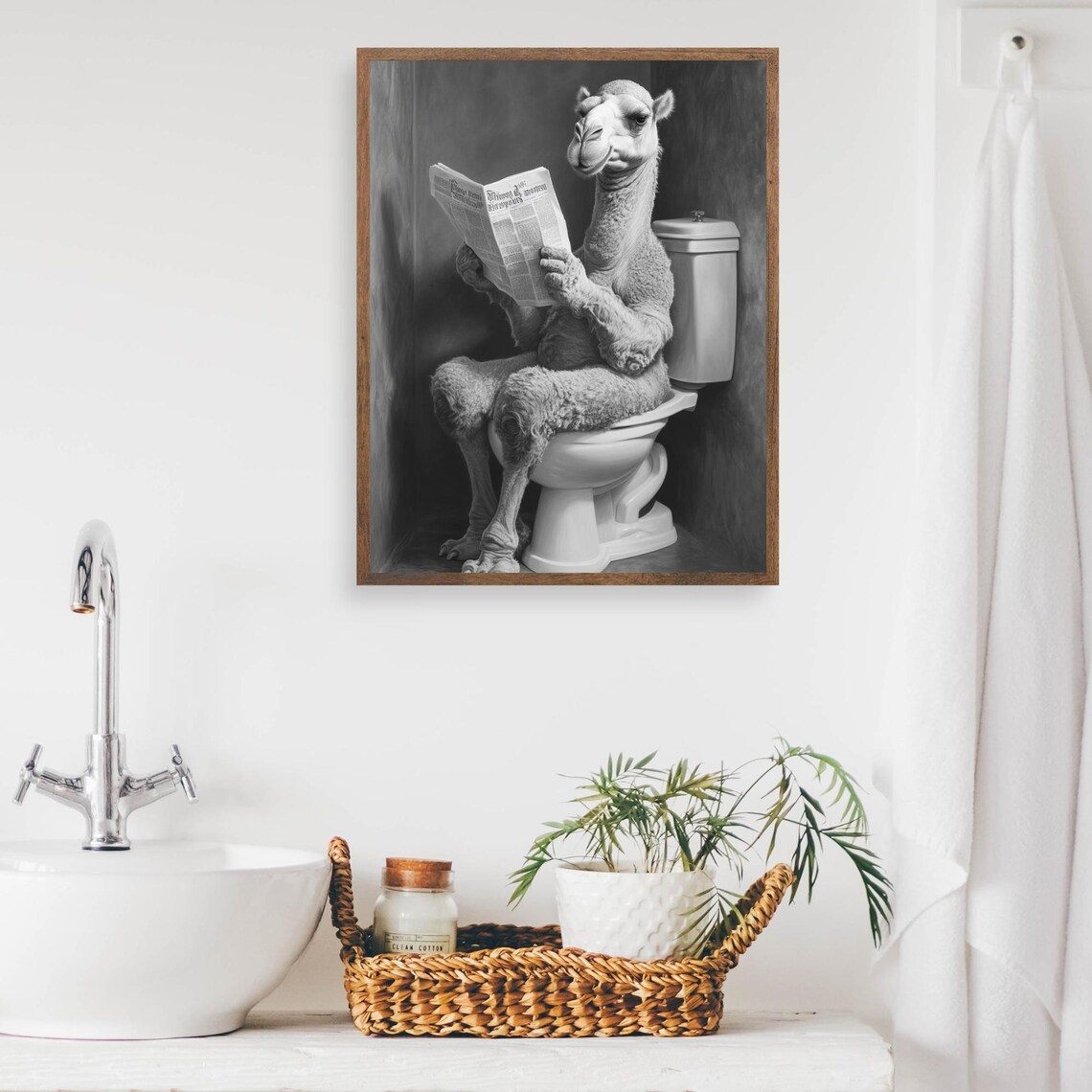 Camel Reading a Newspaper on the Toilet Black and White Bathroom Poster - Image 2