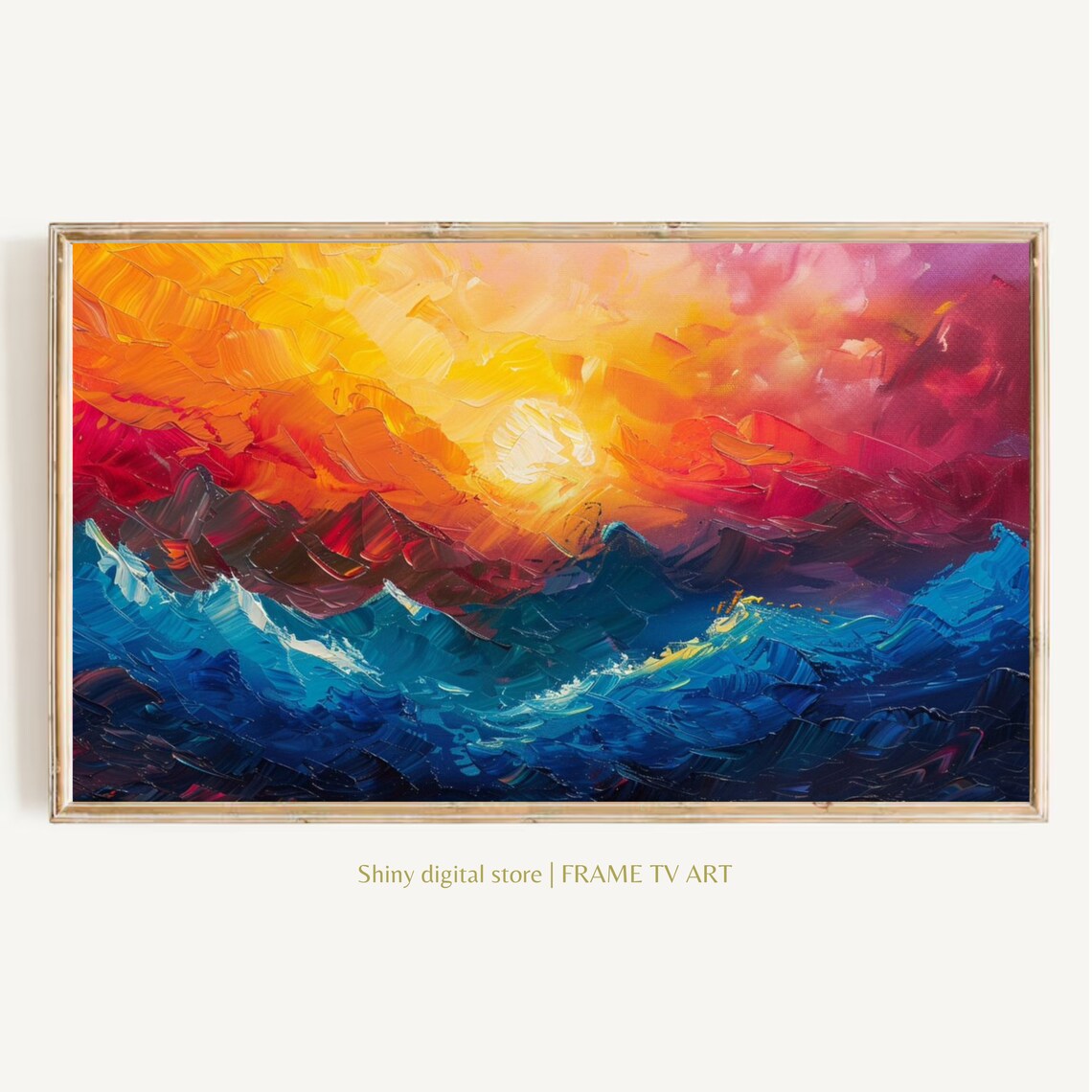 Vivid Impasto Mountain Sunset Blazing Orange Blue Colorful Wall Art