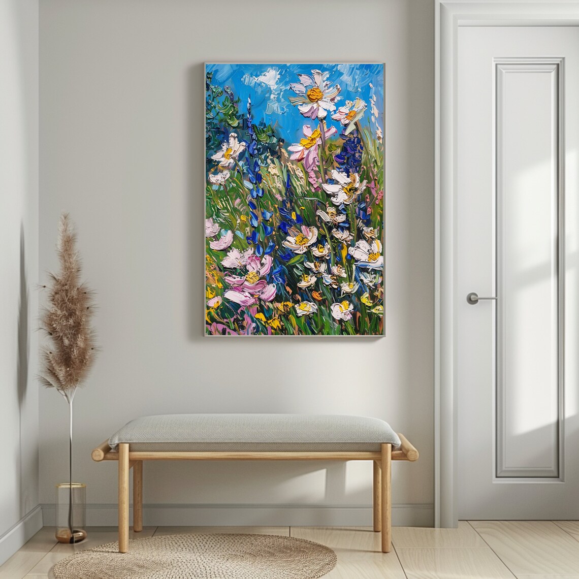 White Cosmos Blue Wildflowers Field Impasto Oil Painting Art Print - Image 2