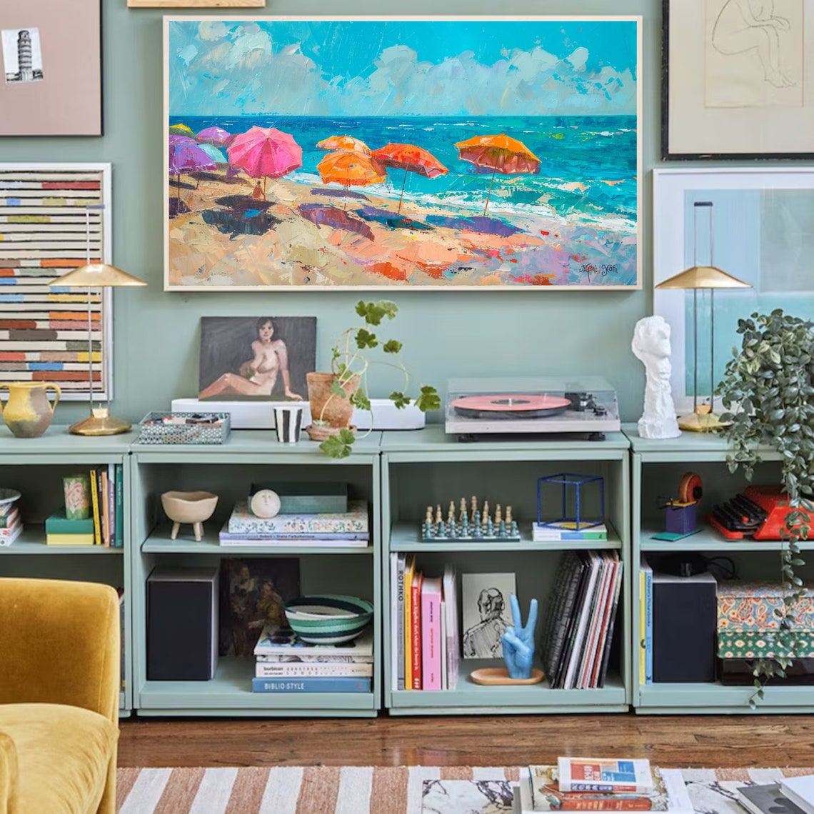 Summer Beach Umbrellas Ocean Waves Colorful Impasto Coastal Art Poster - Image 2