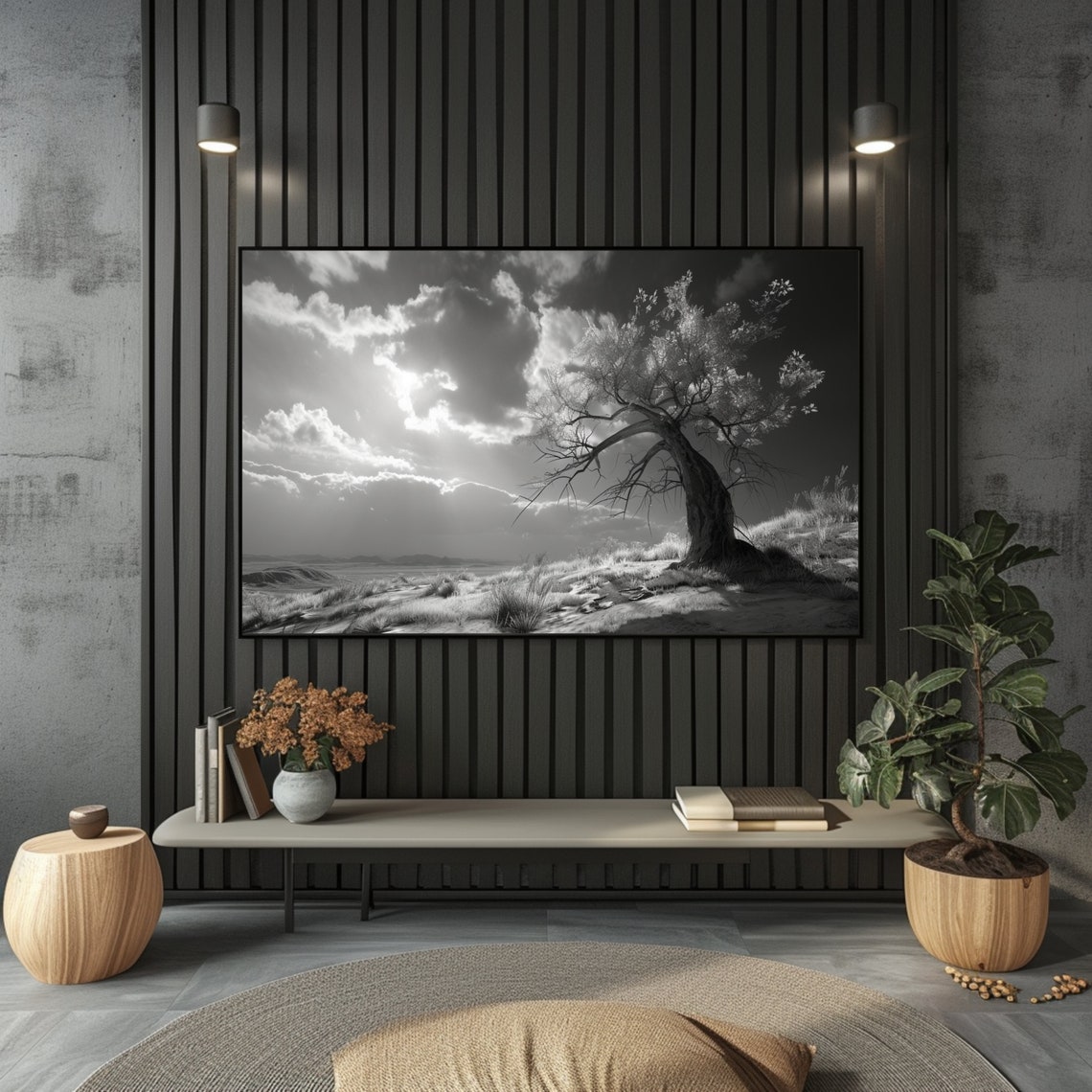 Black White Windswept Tree Storm Clouds Dramatic Landscape Poster - Image 3