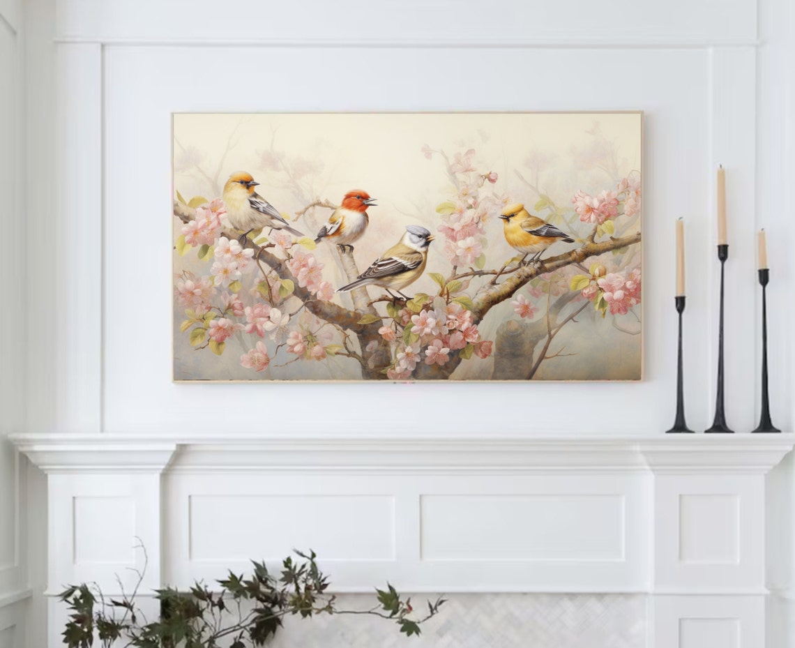 Songbirds Cherry Blossom Branch Spring Garden Bird Wall Art Print - Image 2