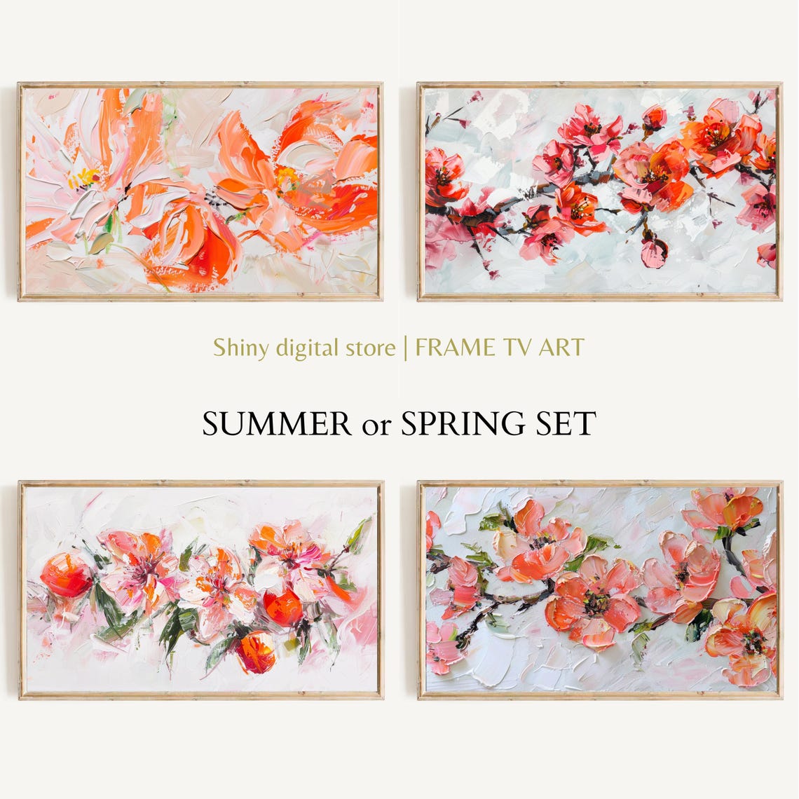 Textured Peach Blossom Impasto Floral Art Set of Four Spring Poster