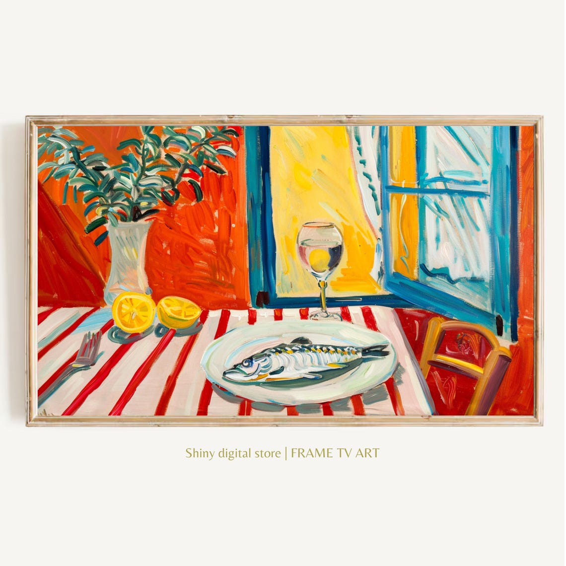 Mediterranean Table Still Life Fish Lemons Wine Fauvist Art Poster