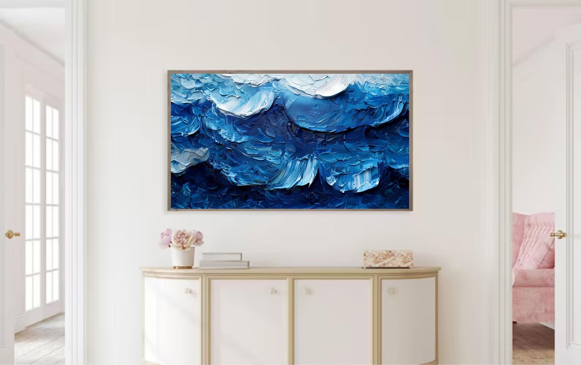 Textured Blue Ocean Waves Impasto Painting Coastal Seascape Wall Art - Image 2