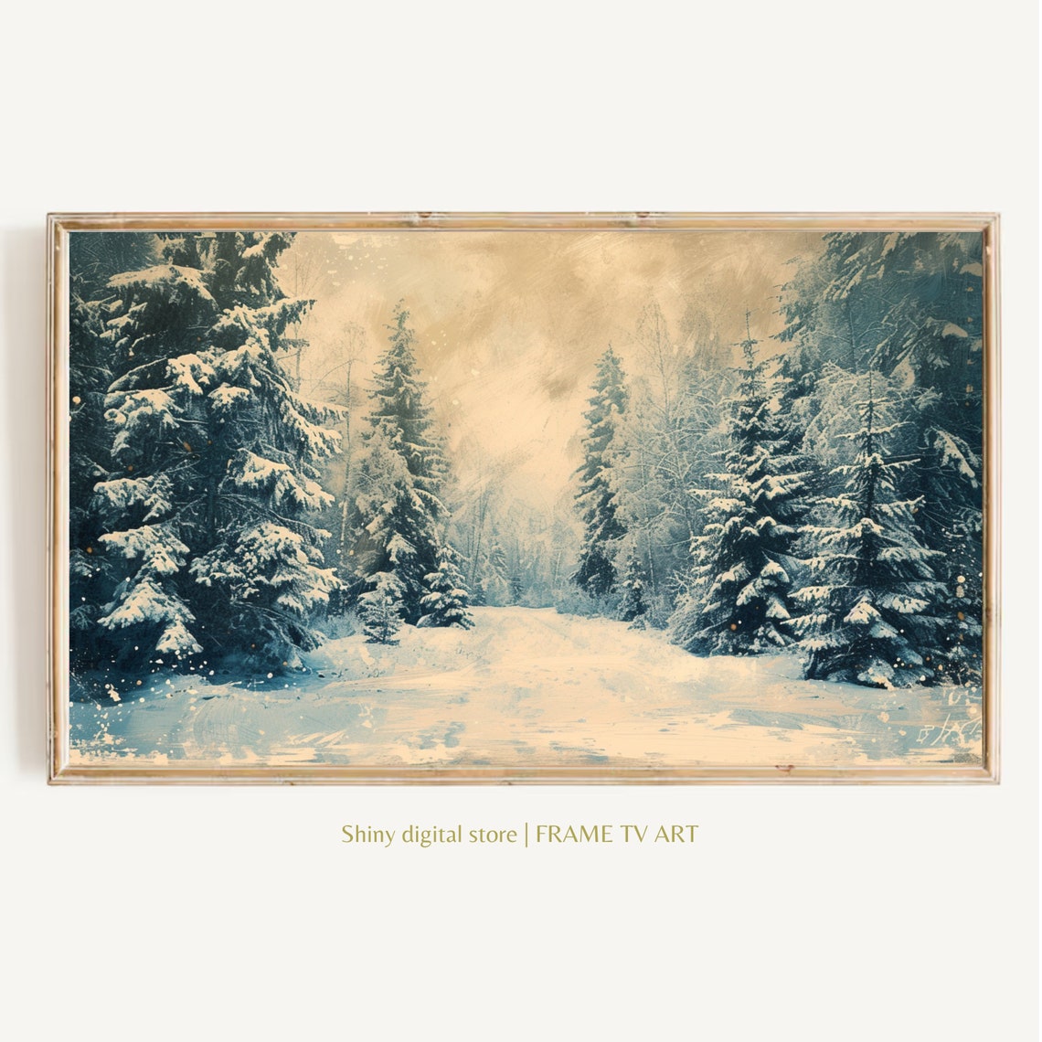 Snowy Winter Forest Path Snow Covered Pines Vintage Blue Scene Print