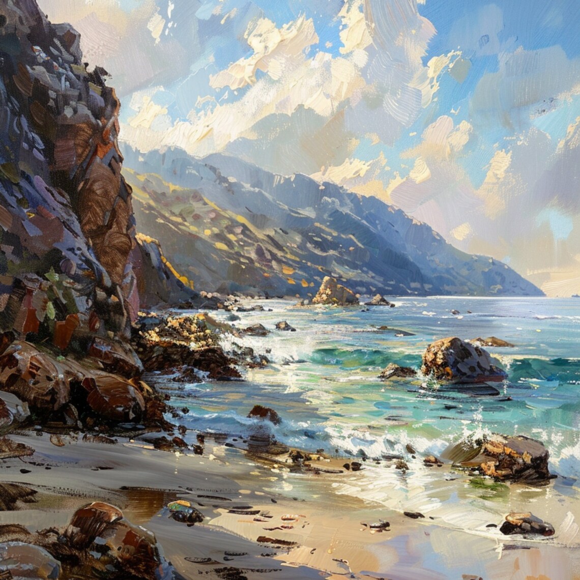 Rocky Coastal Cove Cliffs Sunlit Waves Oil Painting Beach Poster - Image 3