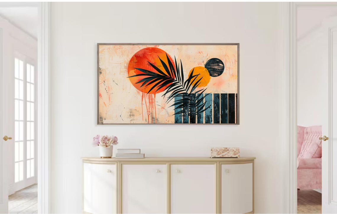 Abstract Tropical Palm Leaf with Sun Circles Bold Modern Art Poster - Image 2