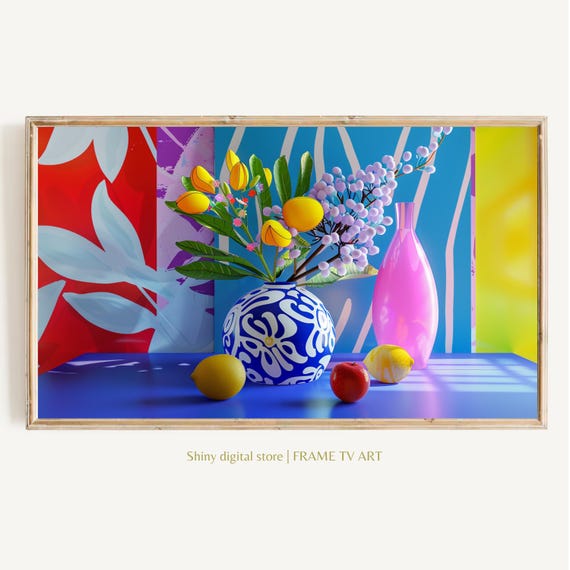 Still Life Frame Tv Art Colorful Floral Vibrant Checkerboard Textured Oil Painting Maximalist Mid Century Modern Bold Flower Tv Picture