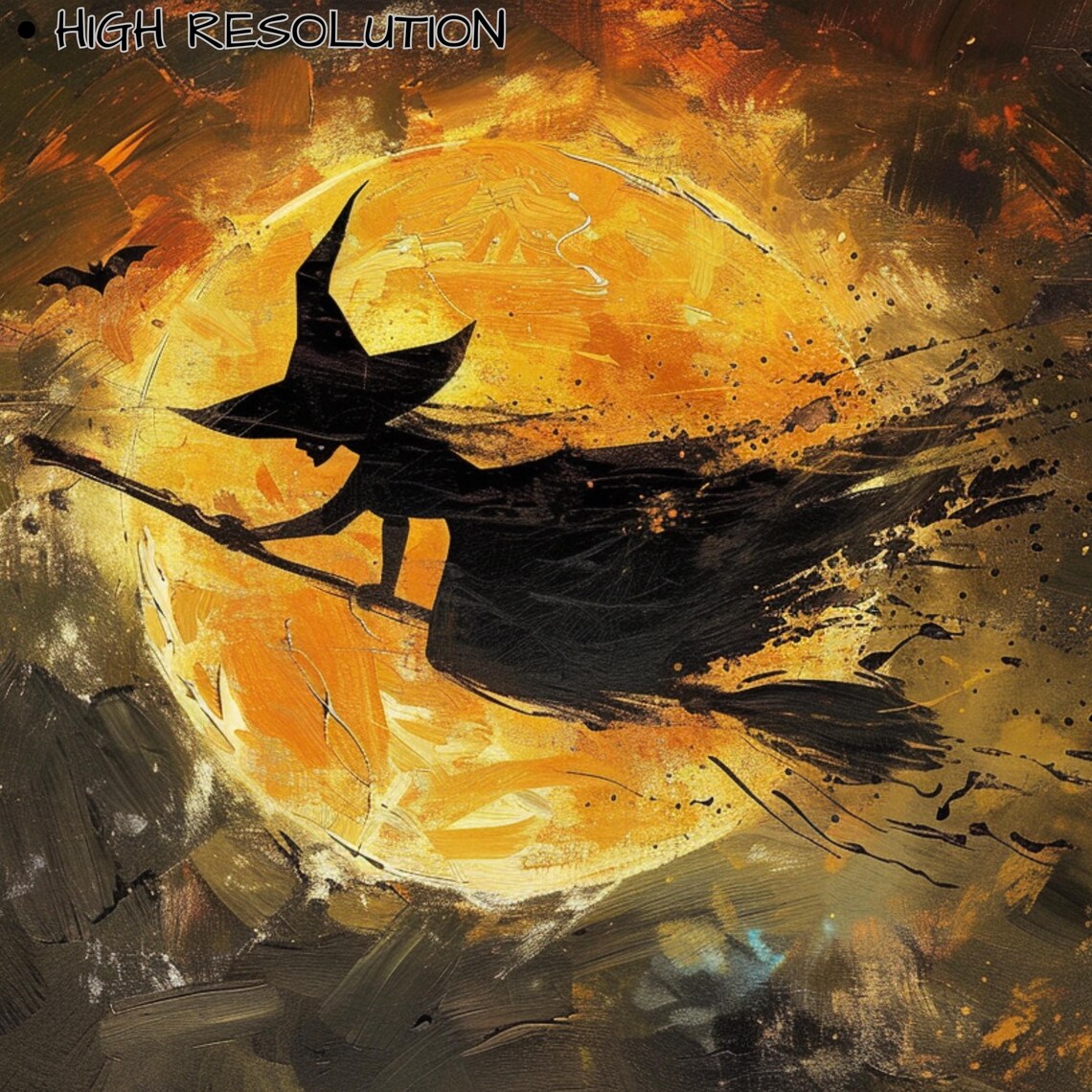 Witch on Broomstick Crossing Amber Full Moon Dark Halloween Oil Wall Art - Image 3