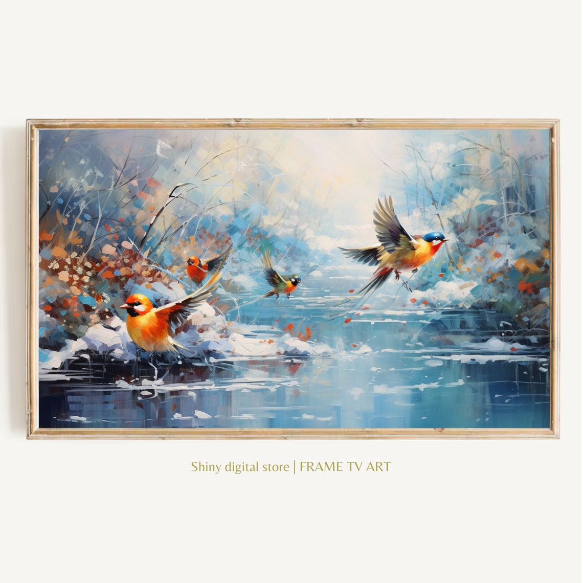 Winter Birds Flying Icy Blue Stream Snow Impressionist Art Poster