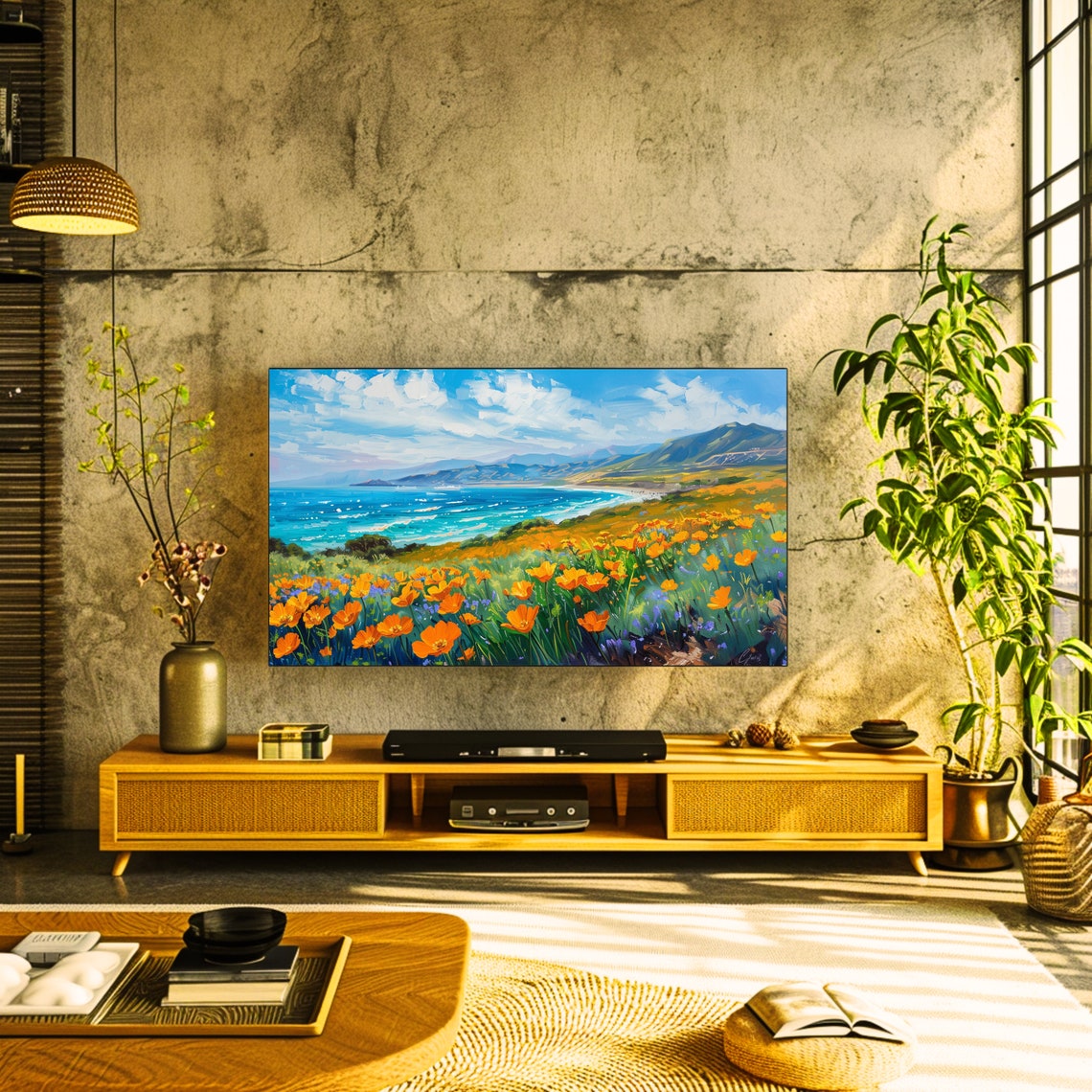 Orange Poppy Field Coastal Cliffs Ocean Wildflowers Art Poster - Image 2