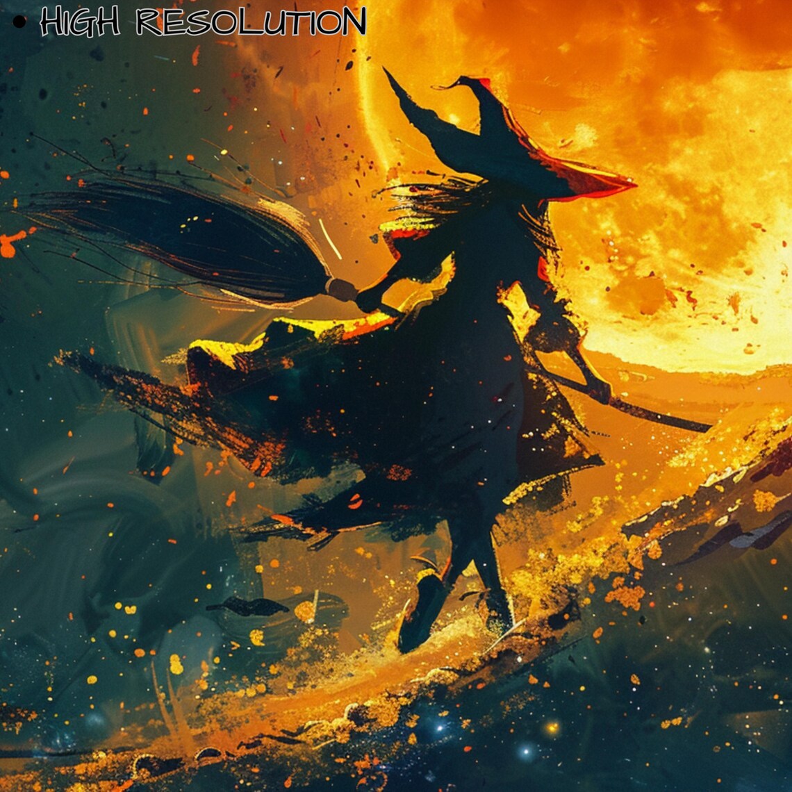 Witch Silhouette Flying Across Blazing Full Moon Halloween Night Wall Art - Image 3