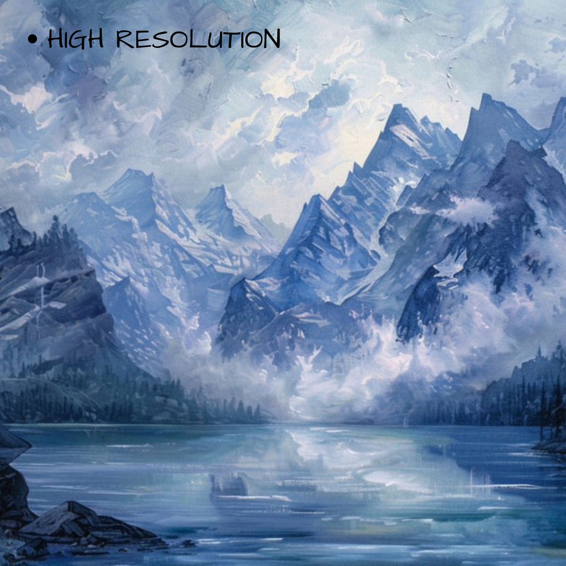 Misty Blue Mountain Lake Moonlit Peaks Moody Landscape Poster - Image 3