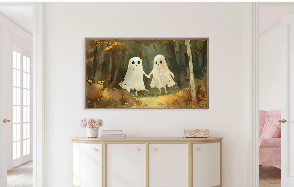 Halloween Frame Tv Art Cute Ghost Art For Fall Tv Warm Toned Autumn Cottagecore Illustration - Image 3