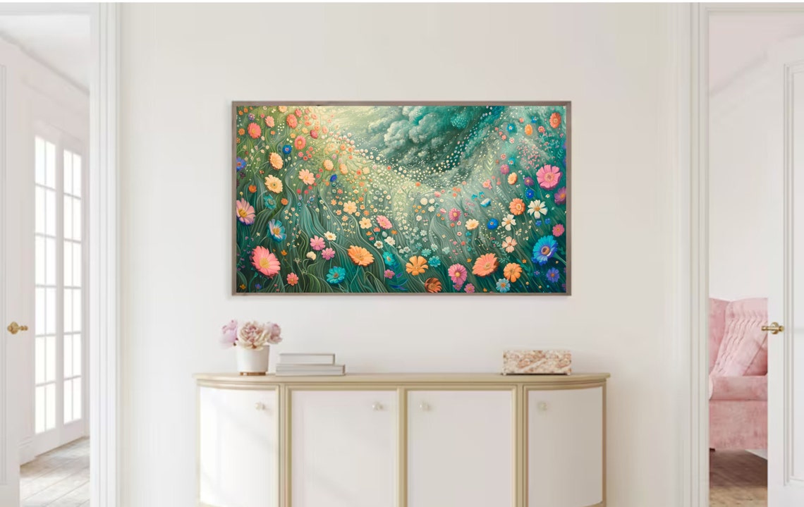 Dreamy Floral Meadow Swirling Teal Pink Orange Blossoms Art Print - Image 2