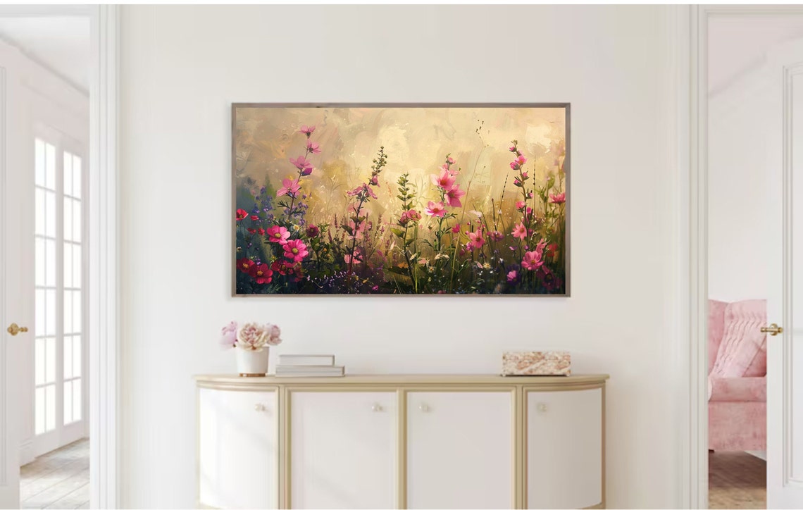Frame Tv Art Pink Wildflowers Spring Field Of Flowers Tv Art Vintage Meadow Floral Tv Art Cottagecore Tv Art - Image 2