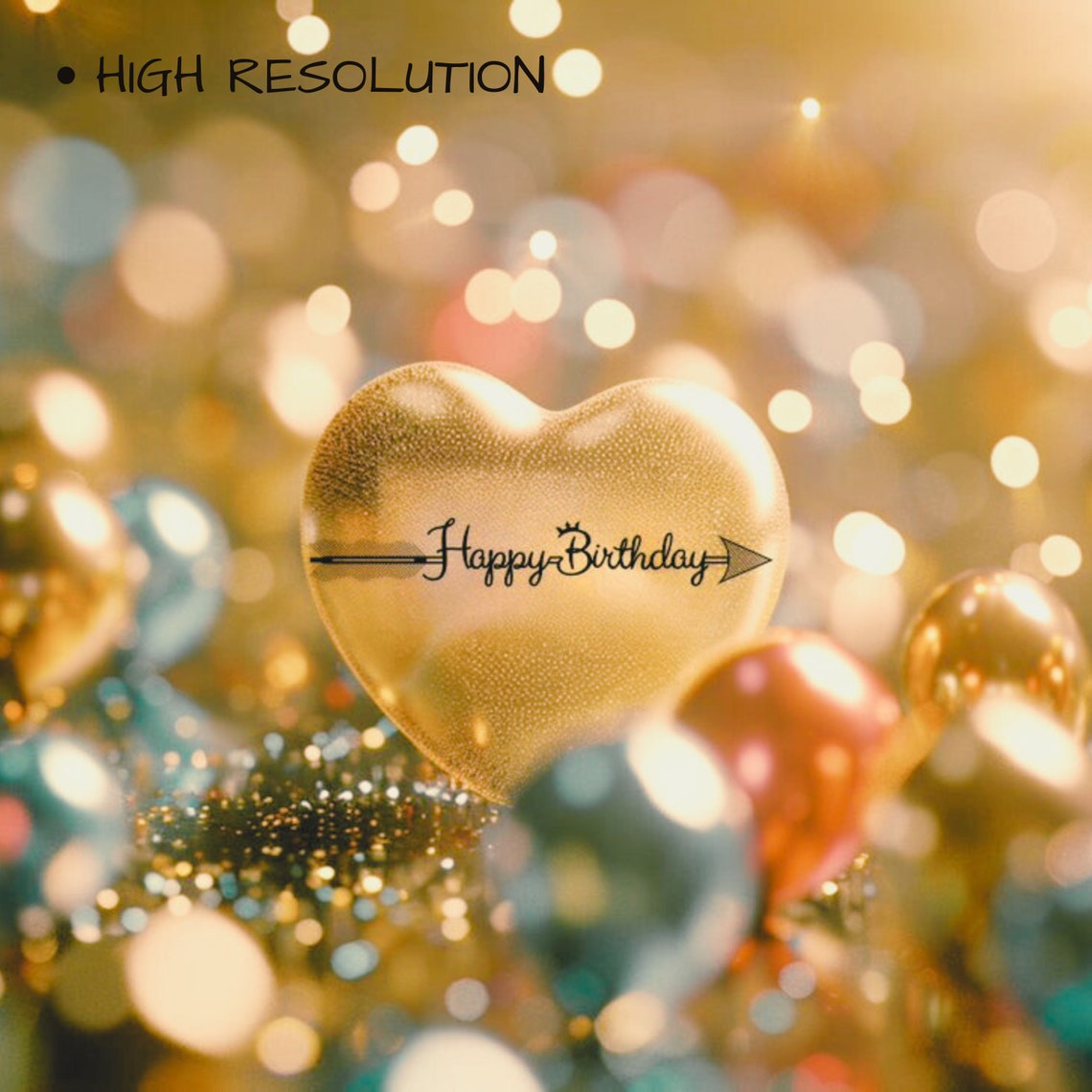 Happy Birthday Gold Heart Balloon Glitter Party Celebration Art Poster - Image 3
