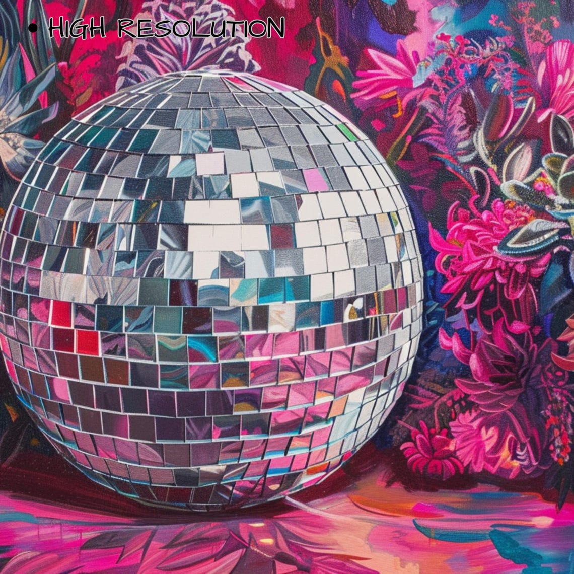 Disco Ball with Vivid Pink Tropical Flowers Maximalist Party Wall Art - Image 3