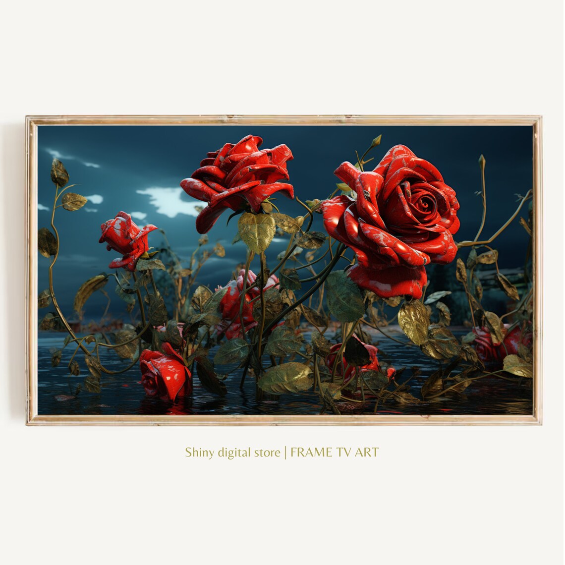 Dramatic Red Roses Moonlit Night Dark Blue Water Romantic Floral Frame TV Print