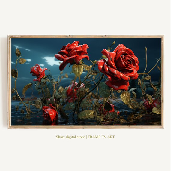 Dramatic Red Roses Moonlit Night Dark Blue Water Romantic Floral Frame TV Print