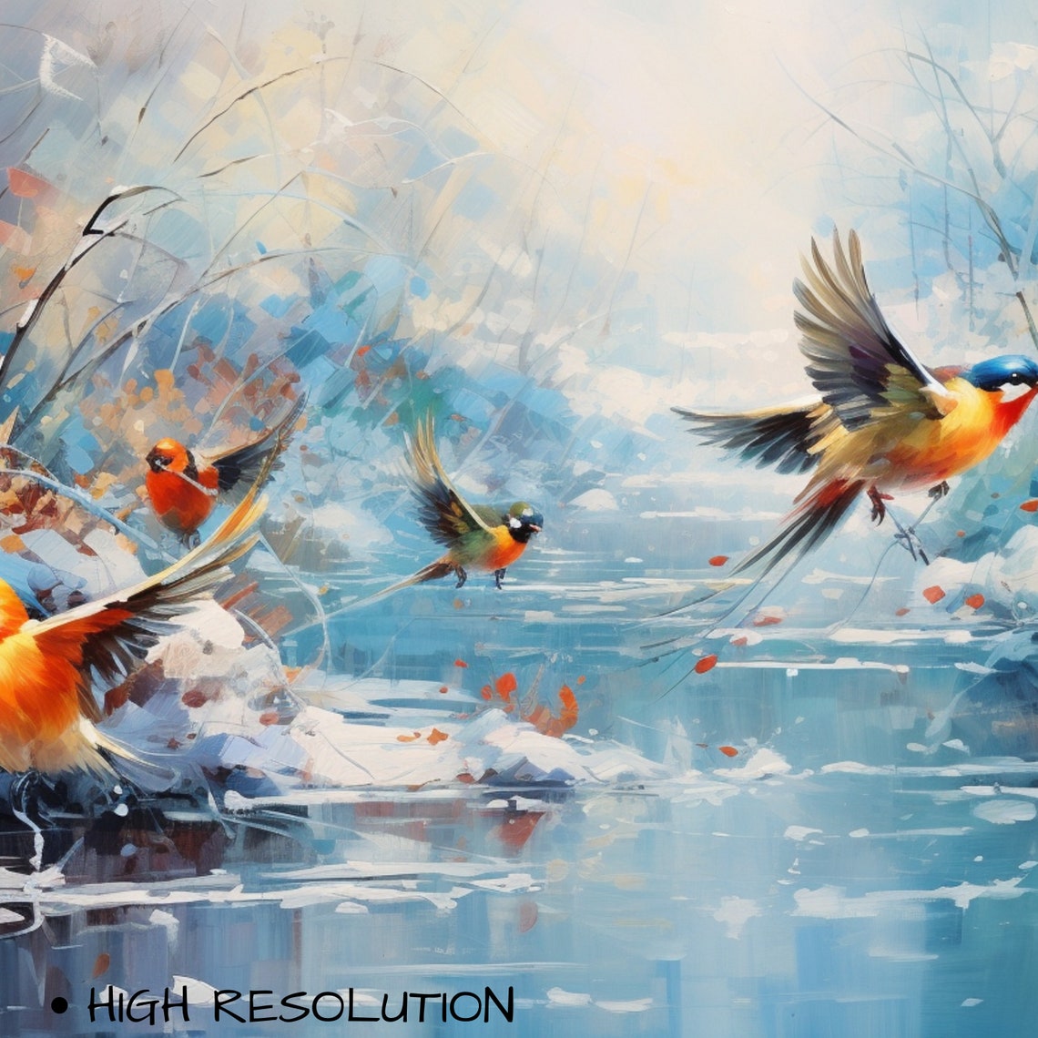 Winter Birds Flying Icy Blue Stream Snow Impressionist Art Poster - Image 3