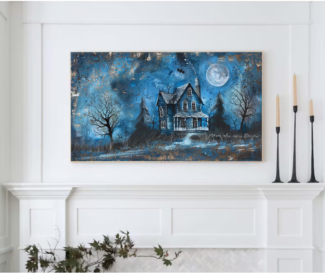 Spooky Blue Haunted House Full Moon Bats Halloween Painting Poster - Image 2