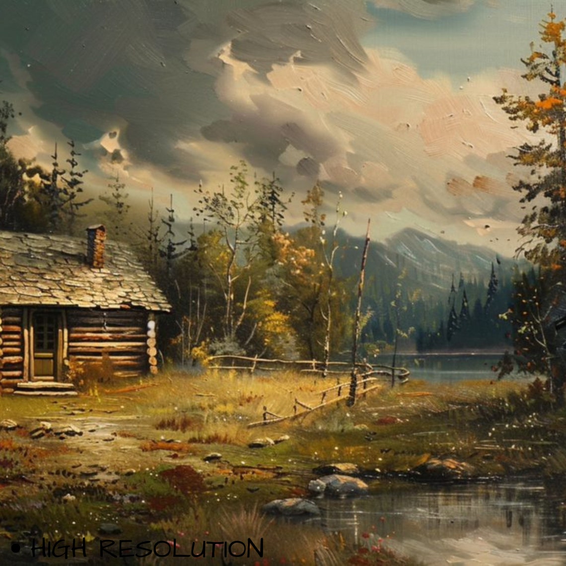 Rustic Log Cabin by Mountain Stream Moody Autumn Landscape Poster - Image 3