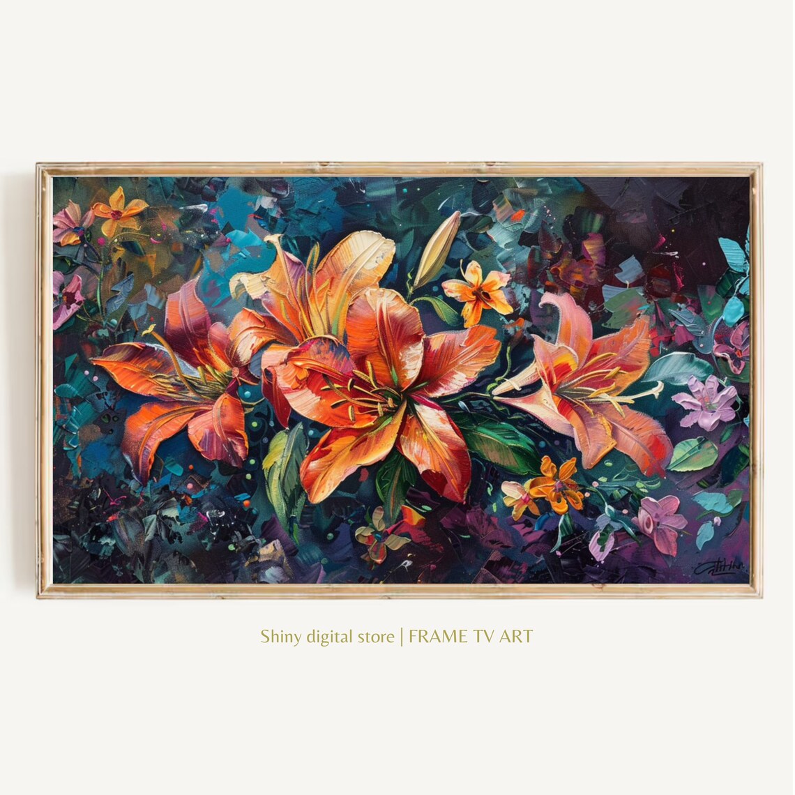 Orange Lilies On Dark Floral Still Life Textured Oil Painting Poster