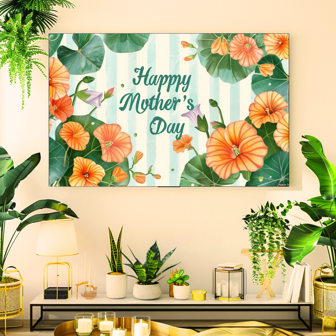 Happy Mothers Day Mint Stripes Orange Nasturtium Floral Art Poster - Image 2