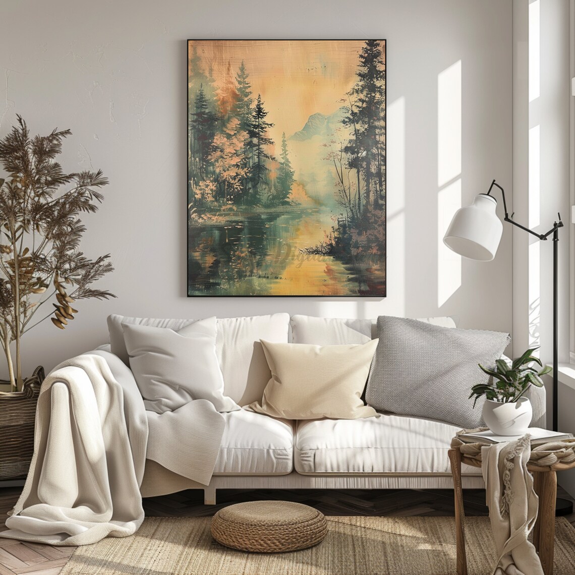 Misty Pine Forest River Dawn Vintage Nature Landscape Painting Poster - Image 2