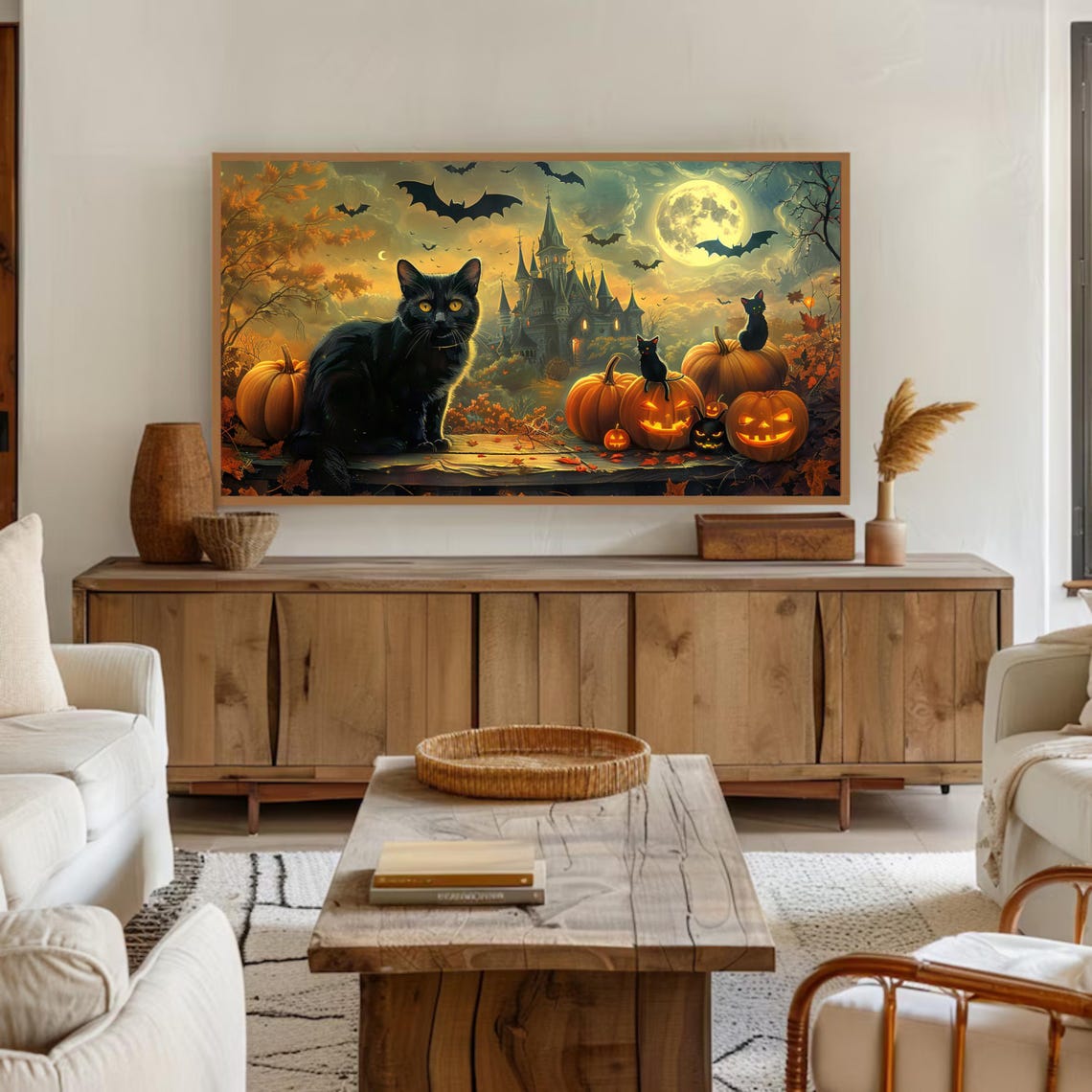 Vintage Black Cat Haunted House Pumpkins Bats Moon Halloween Wall Art - Image 2