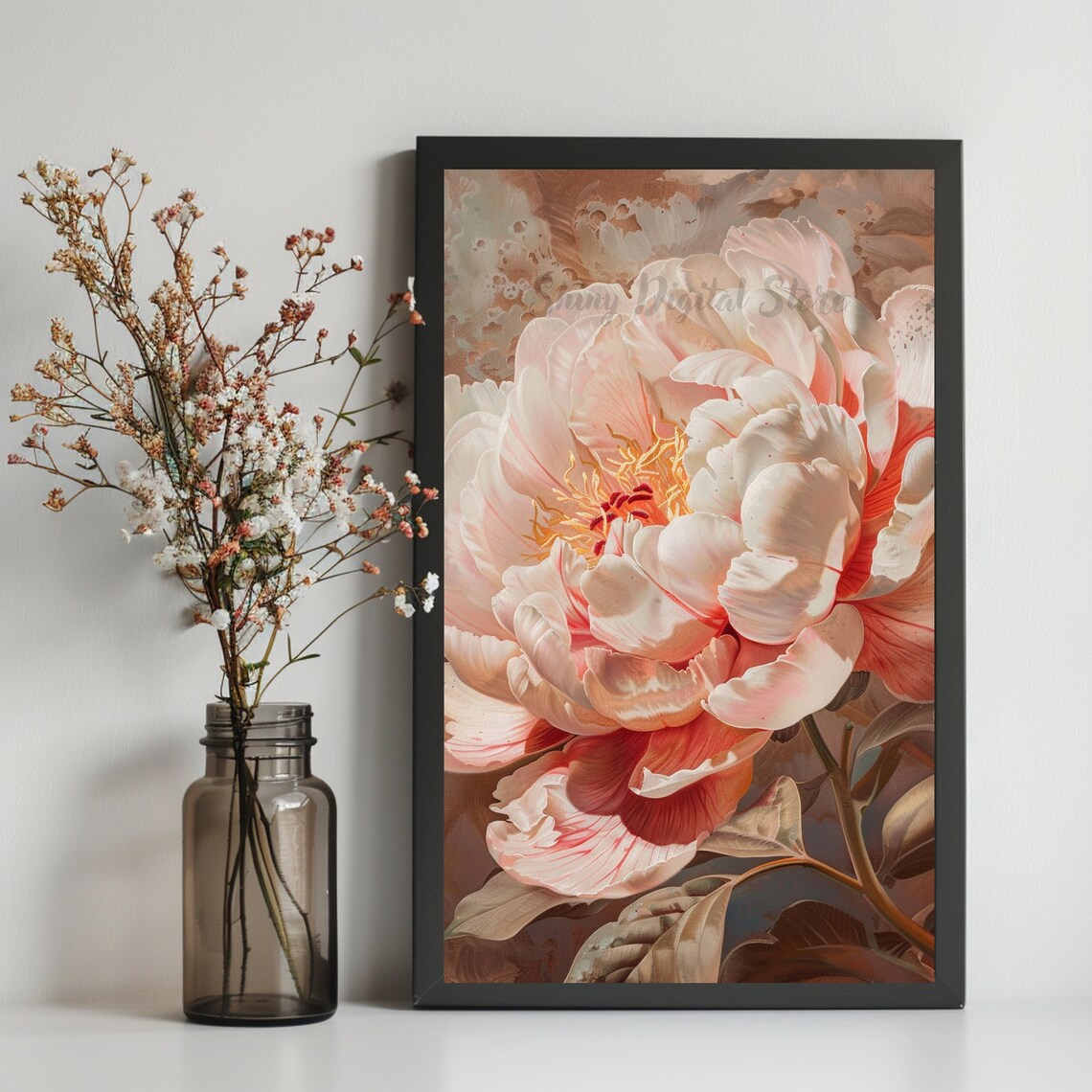 Blush Pink Peony Flower Painting Vintage Romantic Floral Wall Art - Image 2