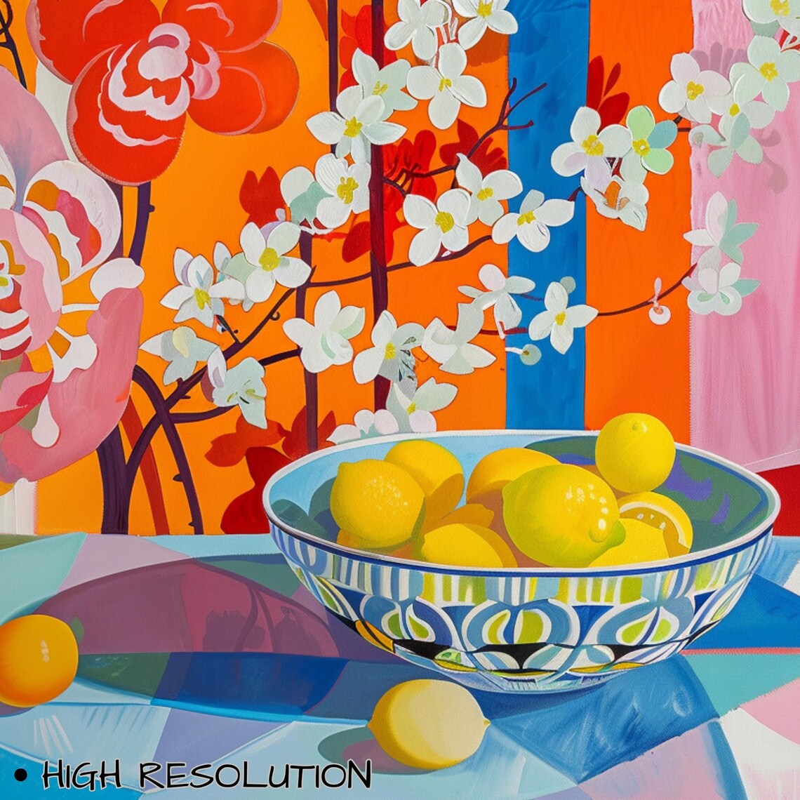 Bowl of Lemons with Cherry Blossoms Fauvist Colorful Kitchen Wall Art - Image 3