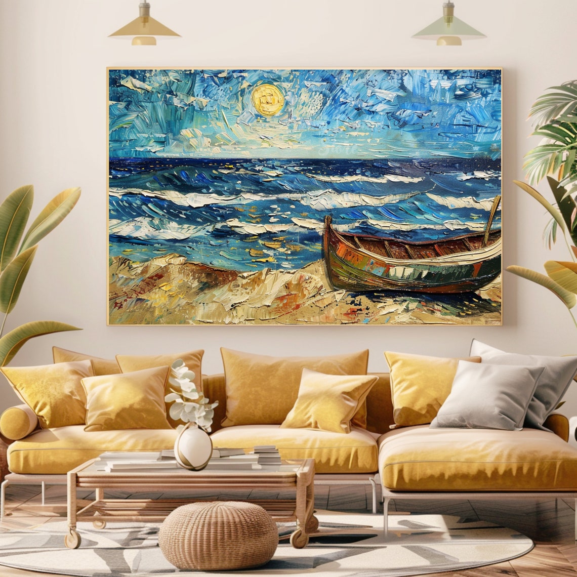 Moonlit Ocean Waves Wooden Rowboat On Sandy Shore Night Poster - Image 2