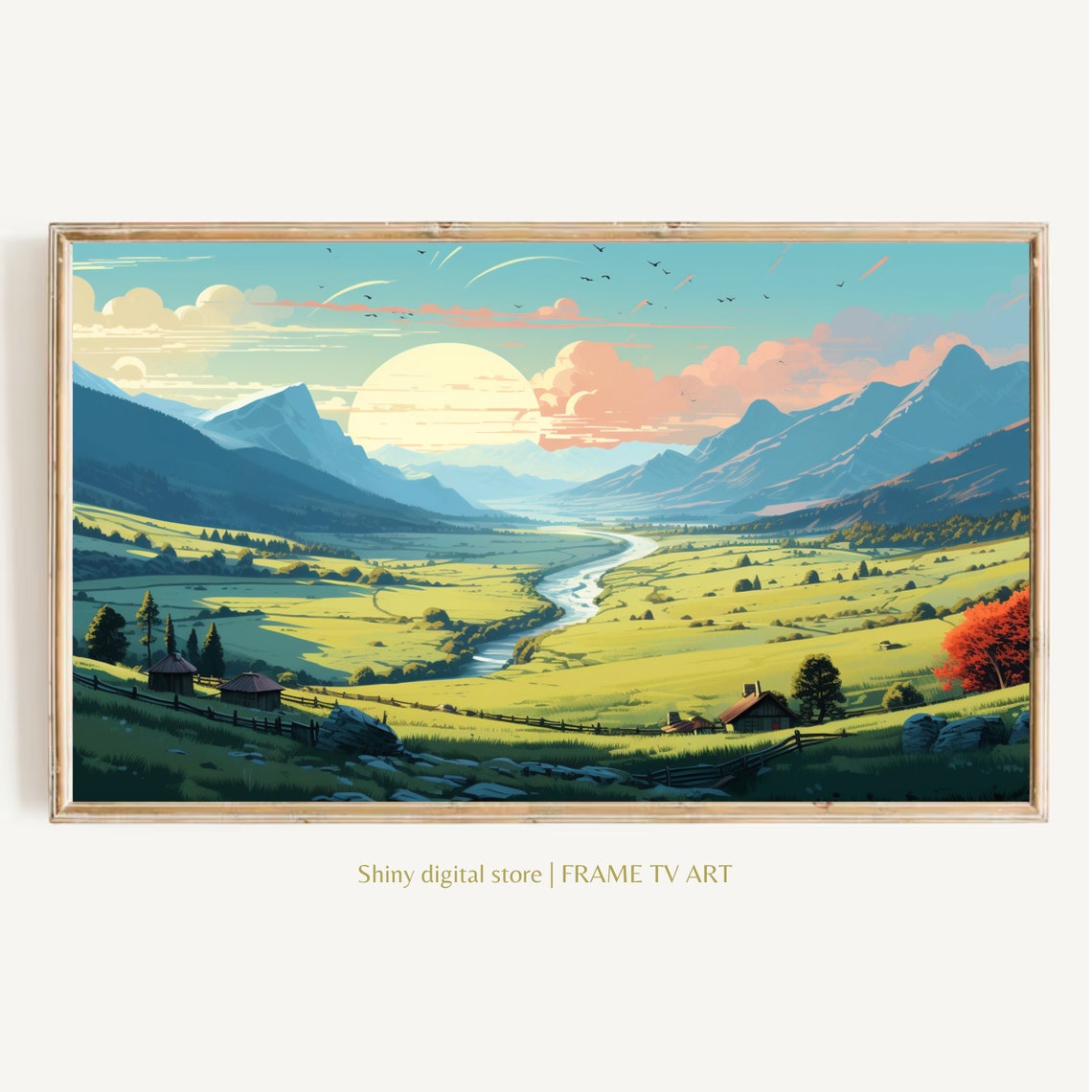 Sunrise River Valley Green Meadow Cabins Mountain Illustration Poster