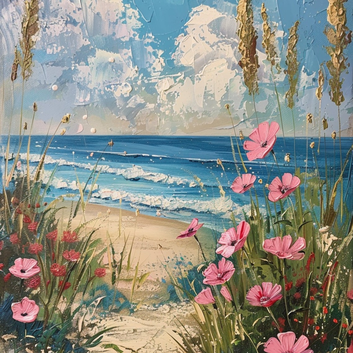 Coastal Wildflowers Beach Path Ocean Seascape Summer Wall Art - Image 3