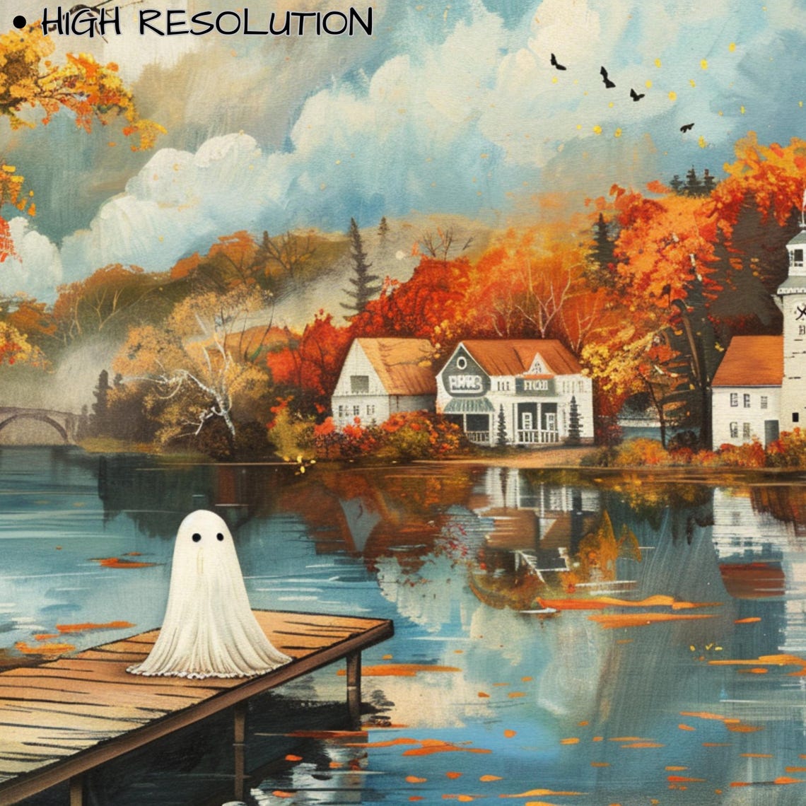 Cute Ghost On Lake Dock Autumn Village Fall Foliage Painting Poster - Image 3