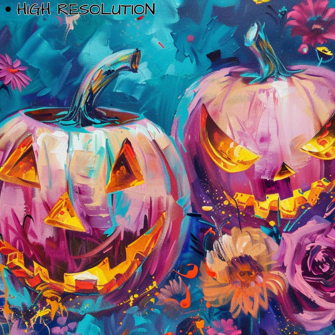 Pink Pumpkin Jack O Lanterns Flowers Teal Night Halloween Art Poster - Image 3