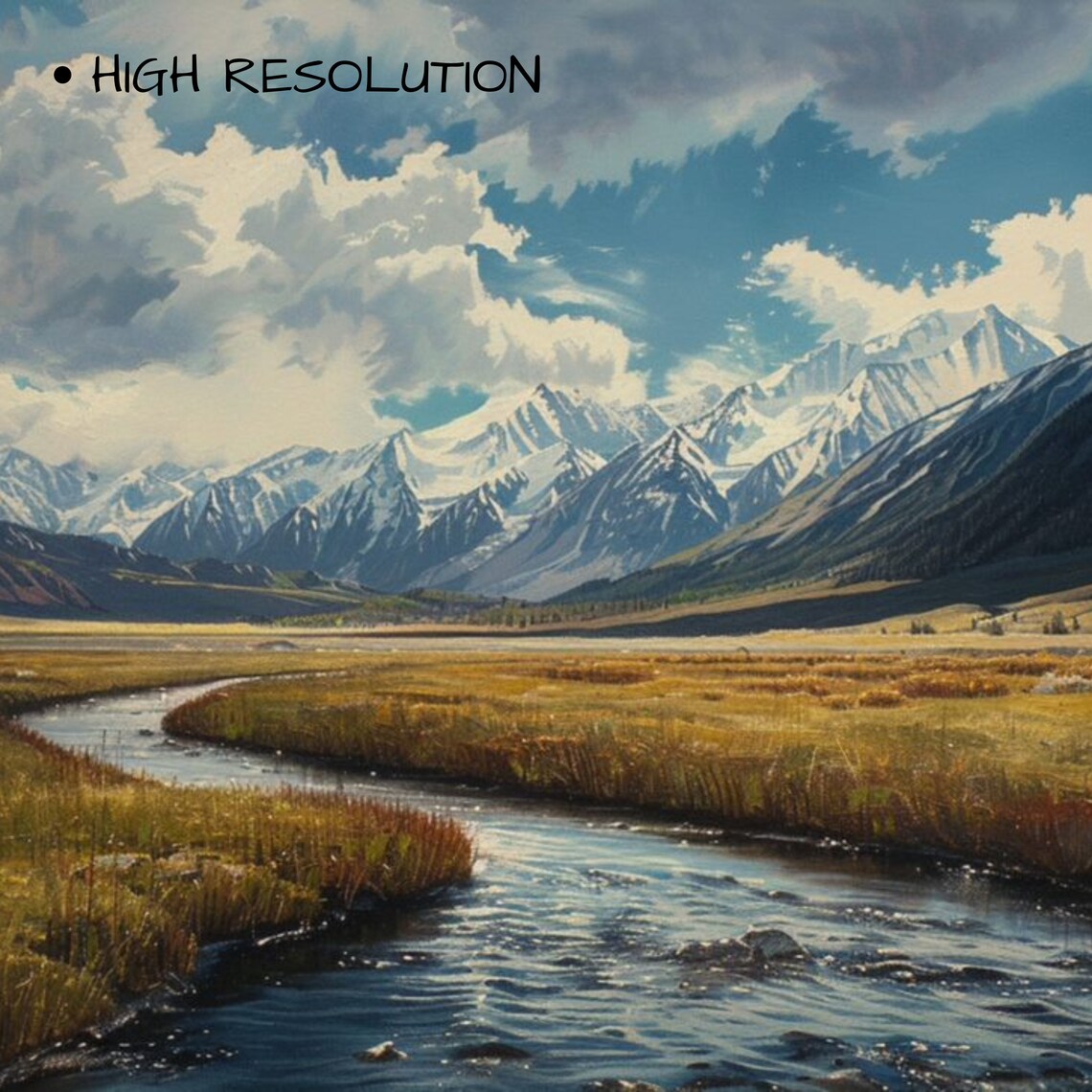 Winding River Through Golden Meadow Snowcapped Mountains Poster - Image 3