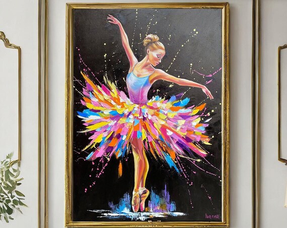 Ballerina Colorful Tutu Black Background Oil Painting Vivid Dancer Art Poster
