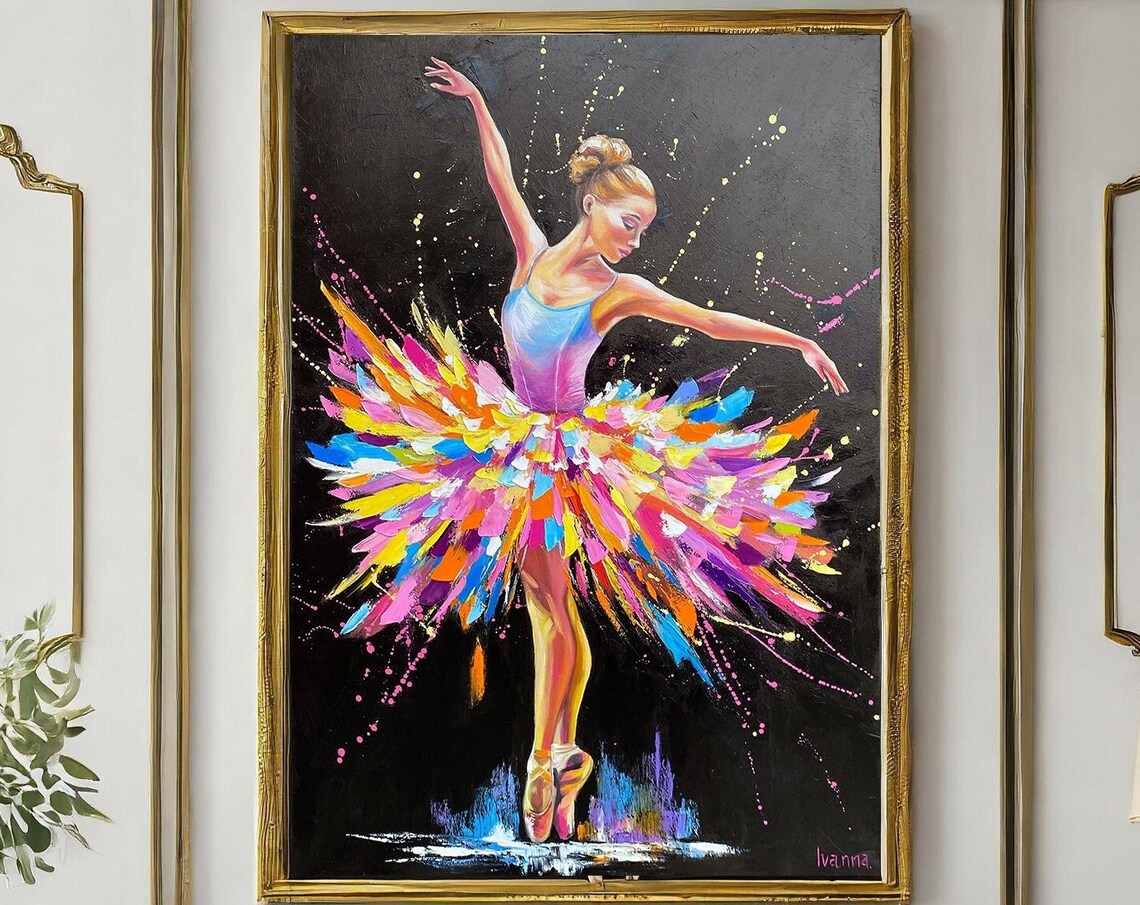 Ballerina Colorful Tutu Black Background Oil Painting Vivid Dancer Art Poster