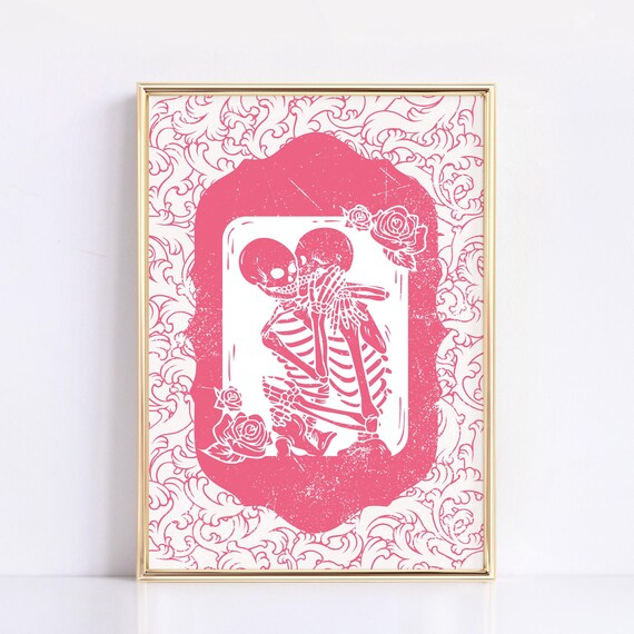 Cute Pink Skeletons Print Valentines Day Trendy Wall Art Love Poster Retro Wall Decor Aesthetic Pink Room Decor Funny Decor