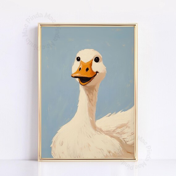 Funny White Goose Portrait Painting Cute Grinning Bird Art Poster