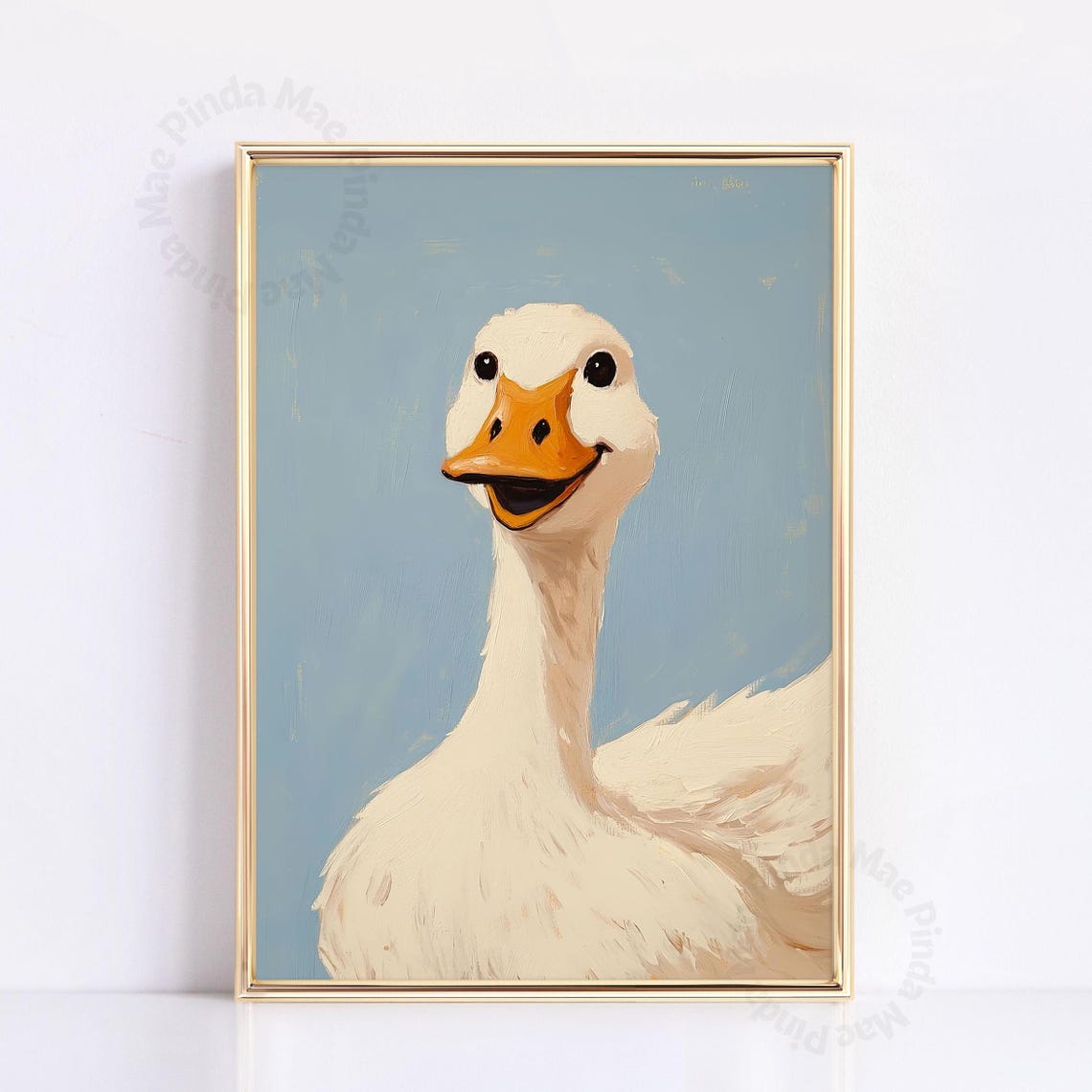 Funny White Goose Portrait Painting Cute Grinning Bird Art Poster