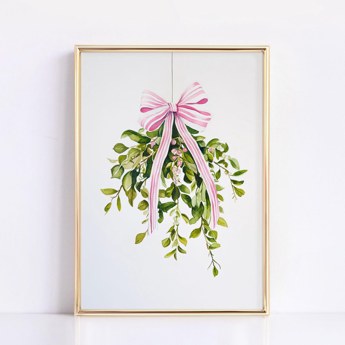 Hanging Mistletoe With Pink Striped Bow Watercolor Holiday Poster