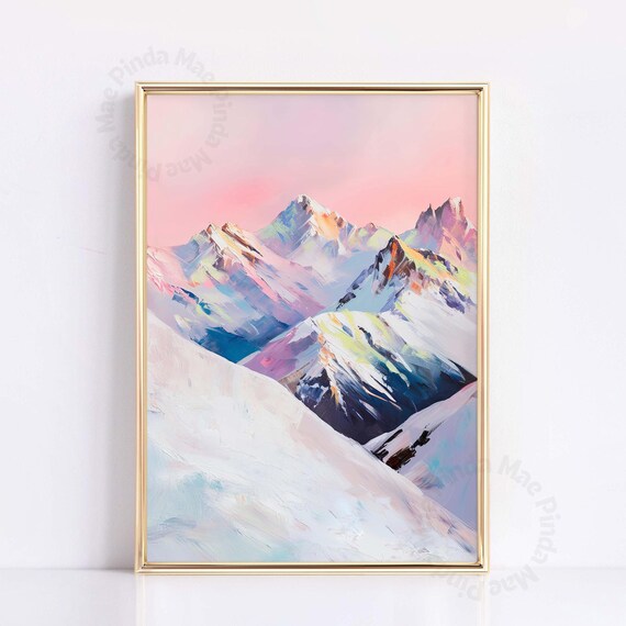 Pastel Pink Mountain Peaks Oil Painting Dreamy Snowy Landscape Poster