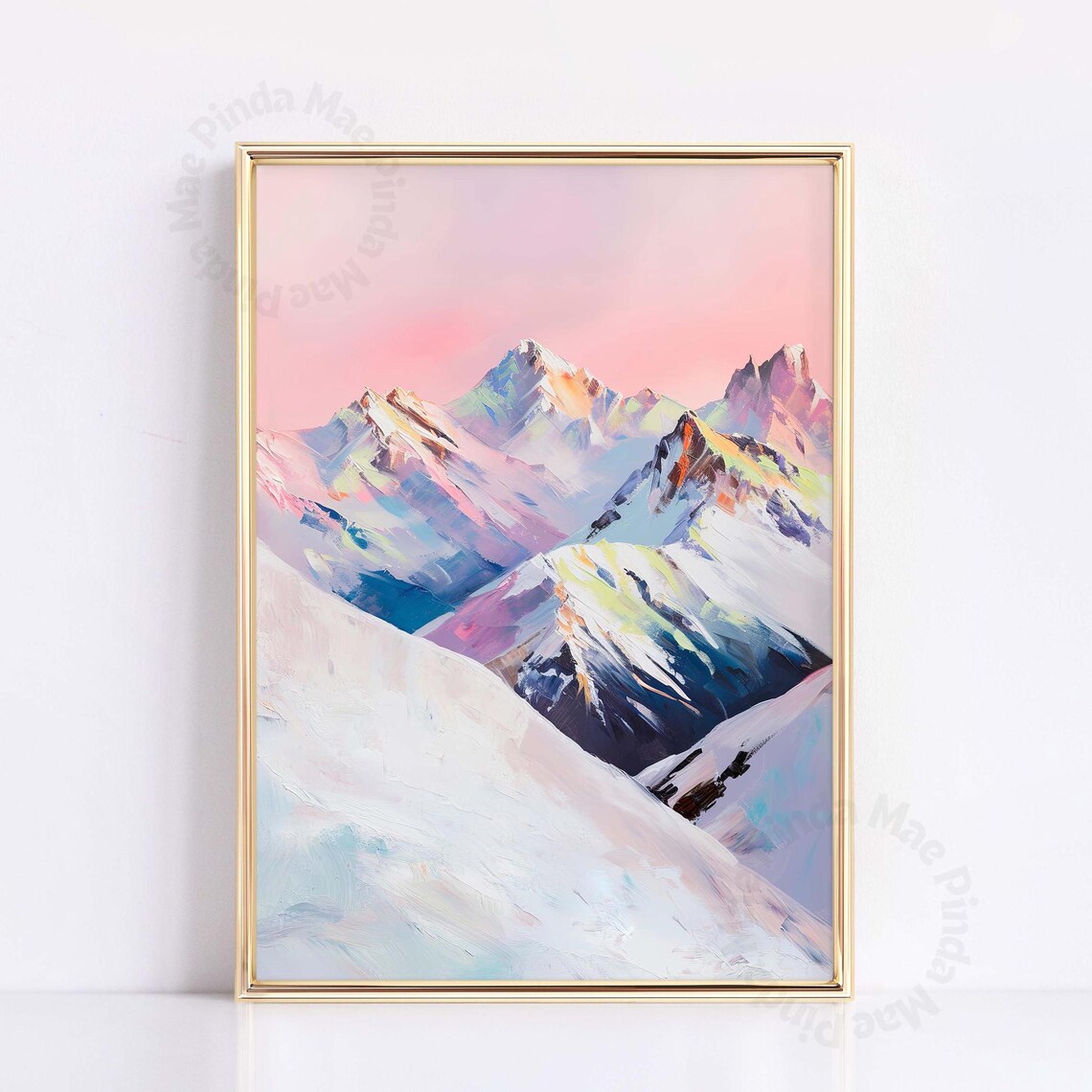 Pastel Pink Mountain Peaks Oil Painting Dreamy Snowy Landscape Poster