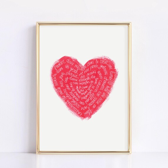 Valentines Day Handdrawn Heart Print French Poem Wall Art Love Heart Wall Decor Valentines Day Decor Romantic Wall Art Cute