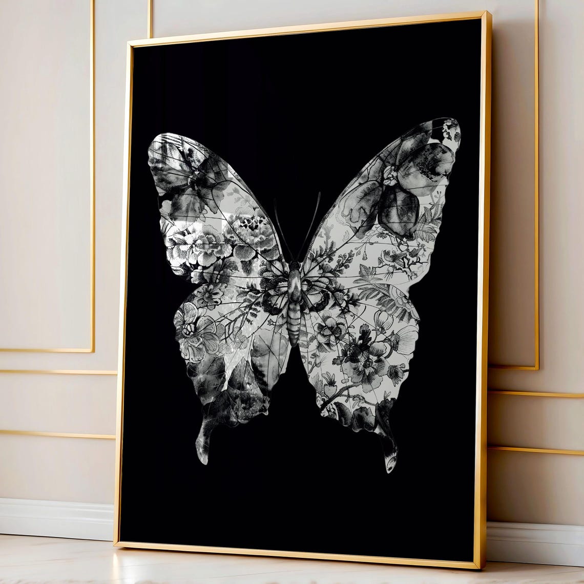 Monochrome Floral Butterfly Black Background Gothic Art Poster